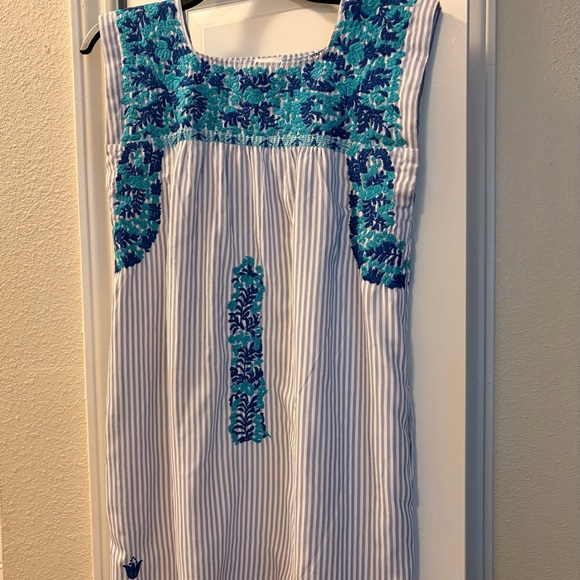 j marie Dresses & Skirts - J. Marie Sleeveless Cotton Blue Stripe Mini Dress with Teal Floral Embroidery